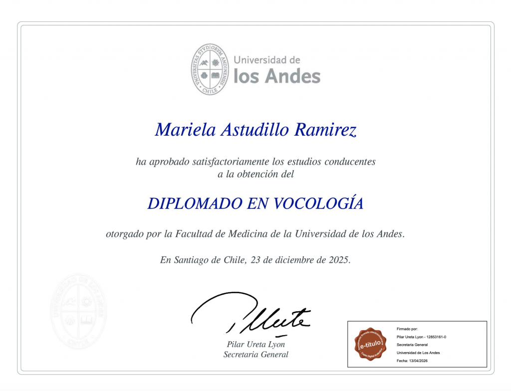MArielaa Astudillo diplomada en Vocología Universidad de los Andes, Chile